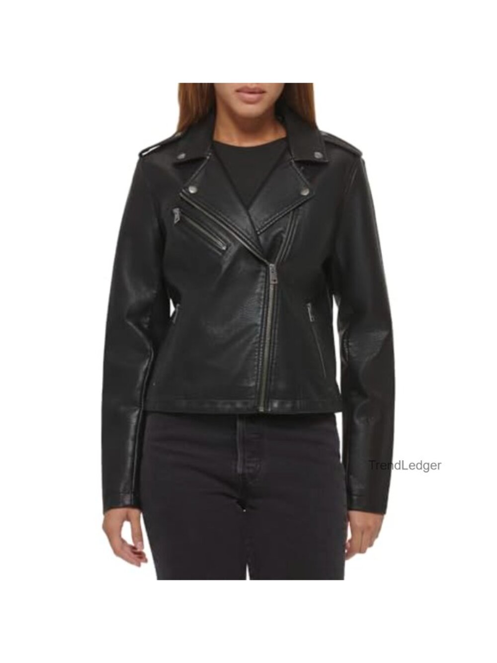 Faux Leather Asymmetrical Moto Jacket Long Sleeve Notch Collar